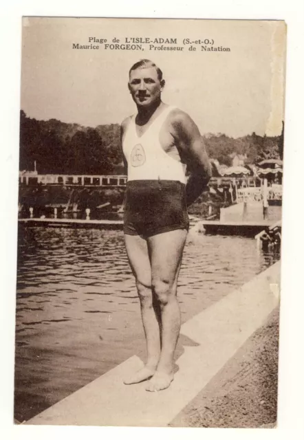 Plage de L’Isle-Adam (95) format cpa. Maurice FORGEON, professeur de Natation.
