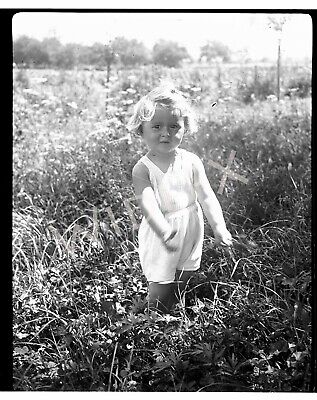 1940s Era Germany Photo Negative Little Girl Wild Flowers Baby In Bassinet