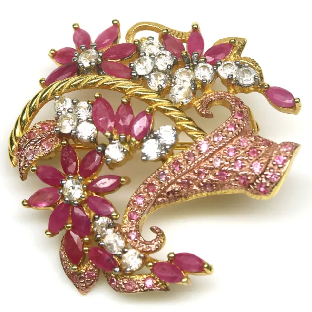 Gemstone Red Ruby, Pink Sapphire & White Zircon Brooch 925 Silver 18K Gold
