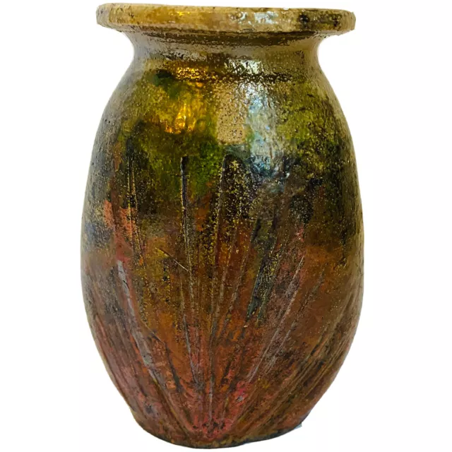 Raku Pottery Iridescent Glaze Vase Signed Art Piece Hand Made Green OOAK