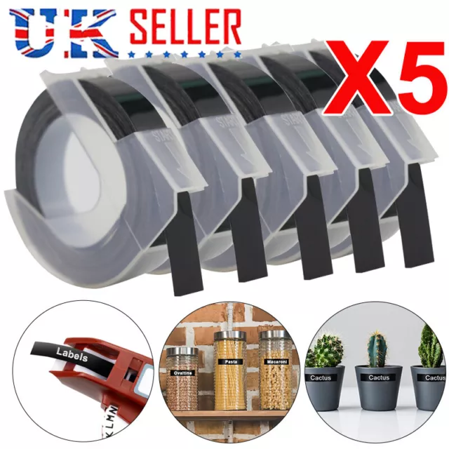 5 Rolls Embossing Label Tape Compatible with DYMO 6mm WHITE ON BLACK