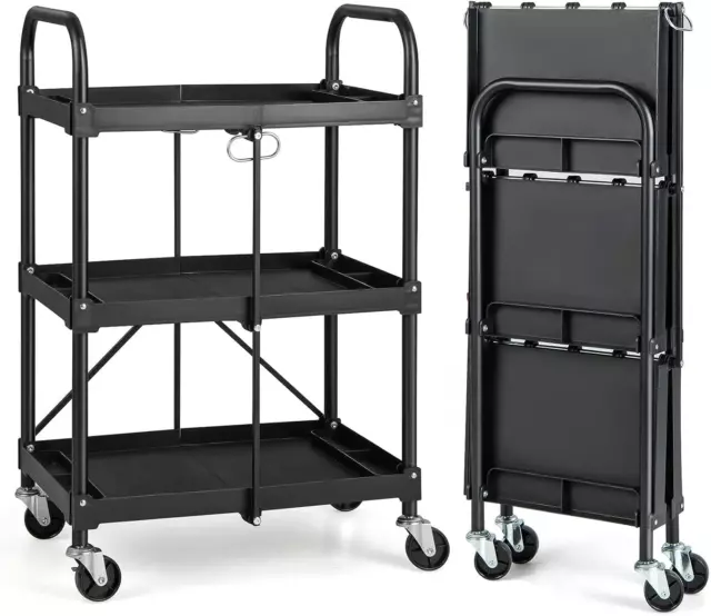 Folding Tool Cart on Wheels, Heavy Duty 3 Tier Foldable Utility Cart w/ 4 Univer