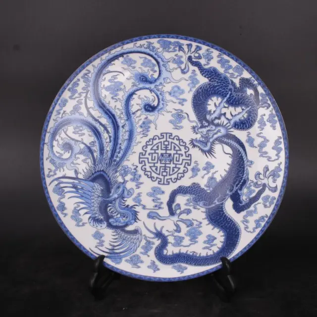 Chinese Porcelain Qing Qianlong Blue And White Dragon Phoenix Plates 10.43 Inch