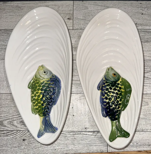 2 Italian Majolica Fish Seafood Ceramic Pottery Dish Hand Painted in Italy