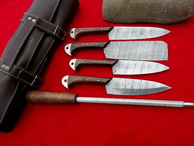 5 Pieces_CUSTOM Handmade Damascus Steel Kitchen Chef Knife  STRONG LEATHER ROLL