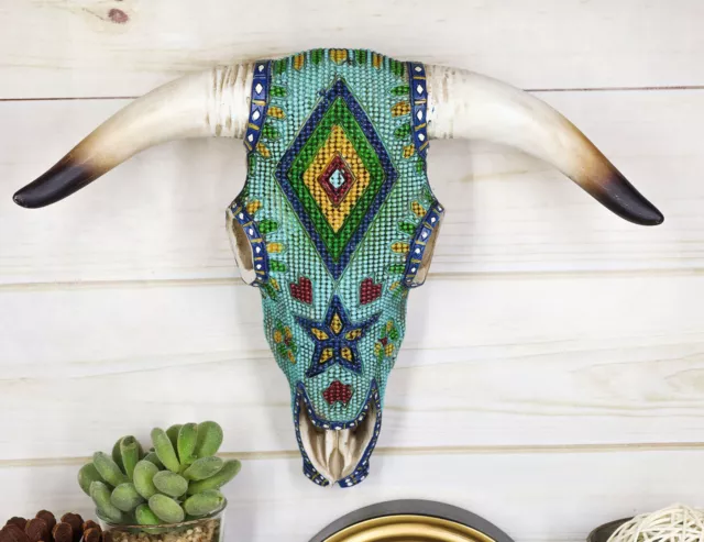 Rustic Southwest Steer Bison Cow Skull With Aztec Beaded Turquoise Wall Decor