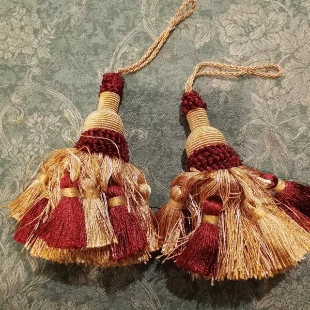 2  Drapery Tassels Burgundy  Gold Braid Rope Curtain Tie Backs (50)