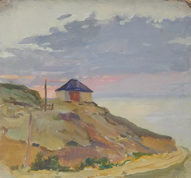 Original Antique Soviet Ukrainian Seascape Oil Painting Hut by the Sea Vintage