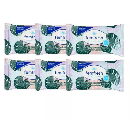 6 x Femfresh Intimate Care Pocket Wipes 10 (Total 60 Wipes) Travel Pack