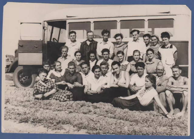 Beautiful Guys and Girls near an old bus, Naked Torso Soviet Vintage Photo USSR