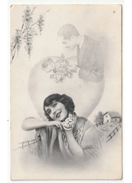 1943 foto cartolina d'epoca donna innamorata rosa cuore pensiero d'amore