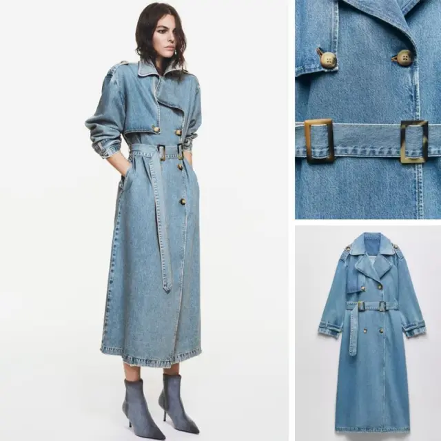 Women's Fall Classic Fashion Double-Breasted Belted Denim Jacket Coat Trench