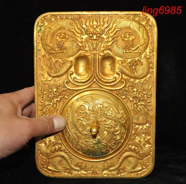 China ancient bronze 24k gilt Loong dragon statue ink-stone ink slab Inkwell box