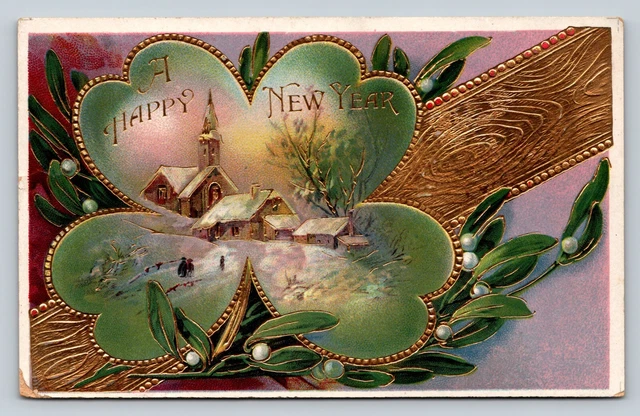 c1912 A Happy New Year Four Leaf Clover Good Luck Embossed ANTIQUE Postcard