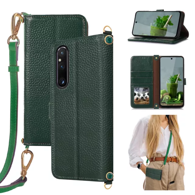 For SONY Xperia 1/5/10/III/IV/V Crossbody Genuine Leather Wallet Bag Case RFID B