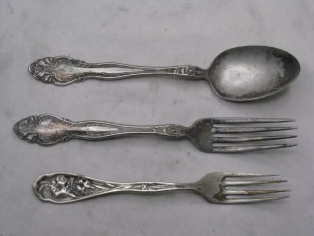 3 ornate antique utensil 2 forks 1 spoon Art Nouveau floral flower Simeon Roger