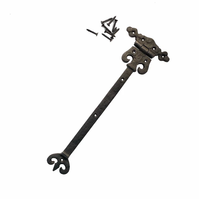 Pair Decorative 12" Strap Hinges in Black Cast Iron Curled End Tip