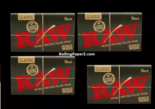 FOUR Packs RAW BLACK Double Pressed CLASSIC SINGLE WIDE ROLLING PAPERS