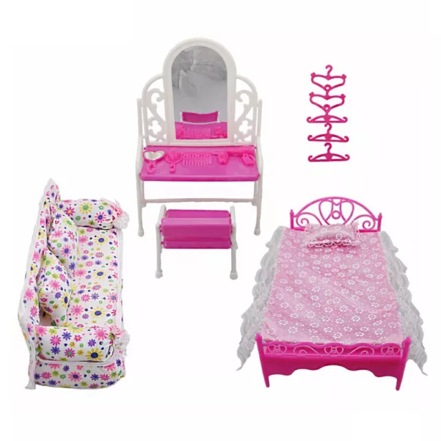 BARBIE DOLLS FURNITURE Play House Pink Bed Table Chair Set Bedroom Toys