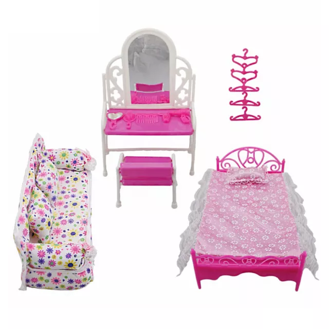 Barbies Dolls Bedroom Furniture Play House Pink Bed Dressing Table & Chair Kit