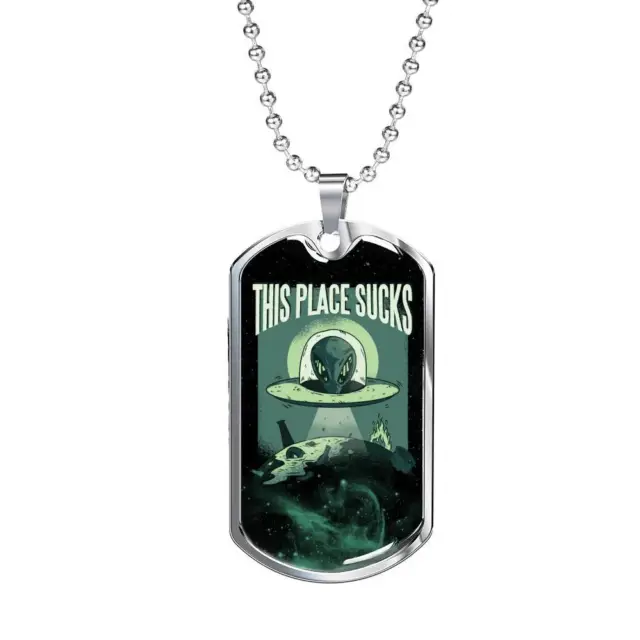 This Place Sucks Necklace UFO Alien Fan Gift Stainless Steel or 18k Gold Dog Tag