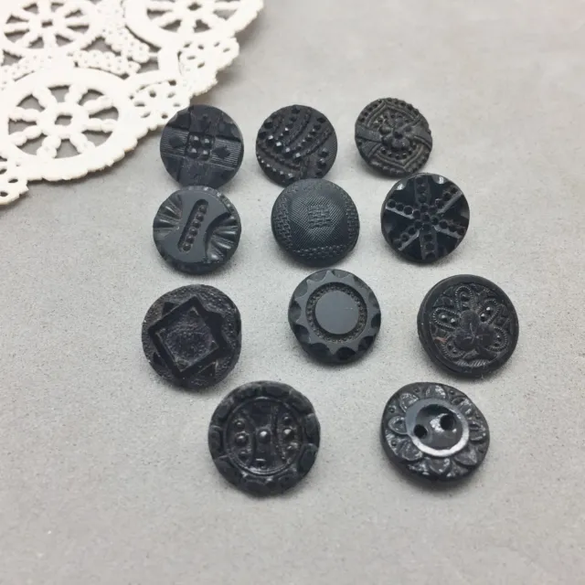 Black Glass Mourning Victorian Button Lot 11 Vintage Sewing Clothes 1/2" Various