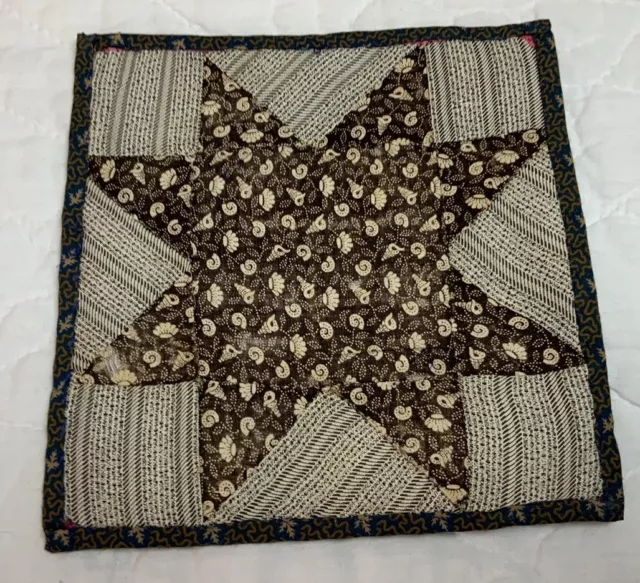 Vintage Antique Patchwork Quilt Table Topper, STAR, Early Calicos, Brown