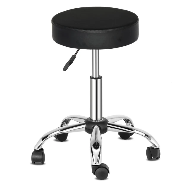 Black Technician Stool 300lbs Capacity PU Leather+ Nylon Wheel+Five-Star Feet