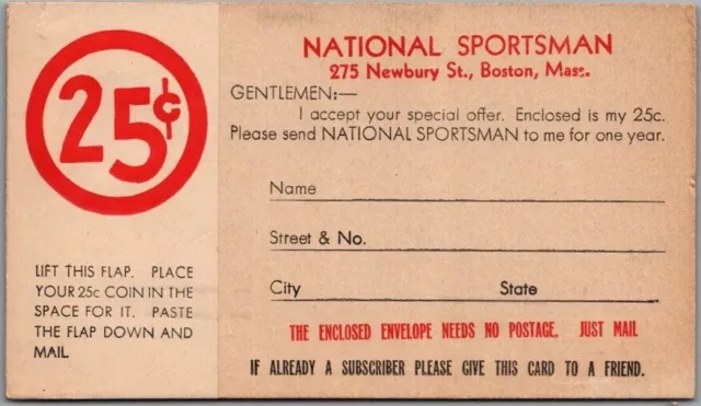 1930s NATIONAL SPORTSMAN Magazine Advertising Postcard Subscription Card UNUSED