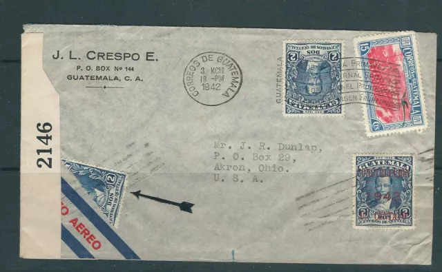 Guatemala 1941 Censure Cvr. De To Akron Ohio Avec Barrios Diviser en Deux