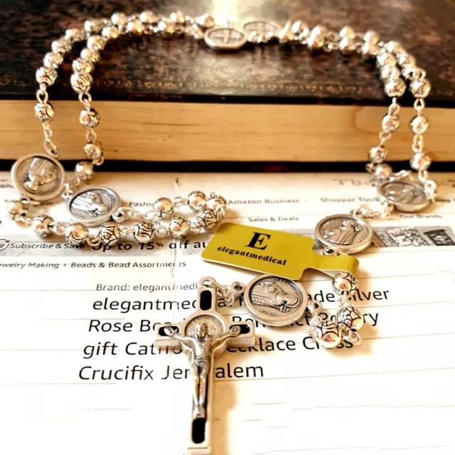 SILVER Rose beads St.Benedict italy Rosary & Crucifix Cross catholic necklace