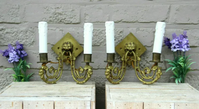 Antique French pair bronze wall lights sconces gothic castle lion devil head