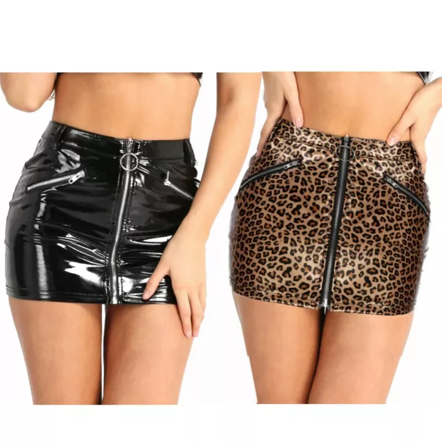 Womens Wet Look PVC Leather Zipper Bodycon Mini Tube Skirts Rave Party Clubwear