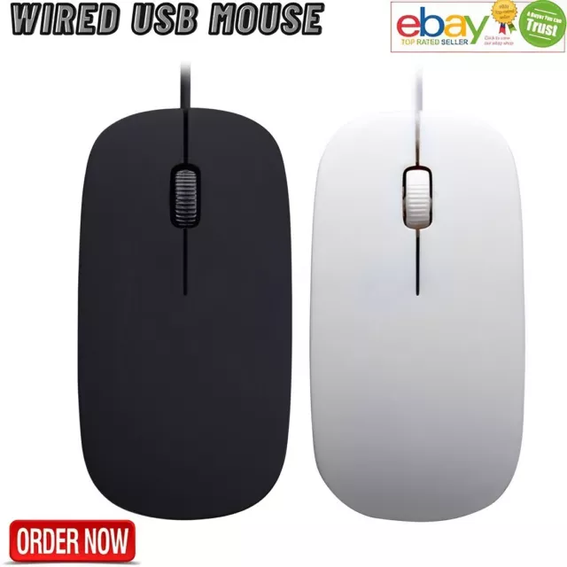 Wired USB Mouse For PC Laptop Computer Optical Scroll Wheel Black FULL SIZE