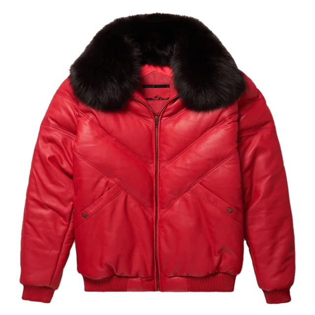 Men's Red Real Sheep Leather V-Bomber Leather Jacket with Fox Fur Collar Jacket