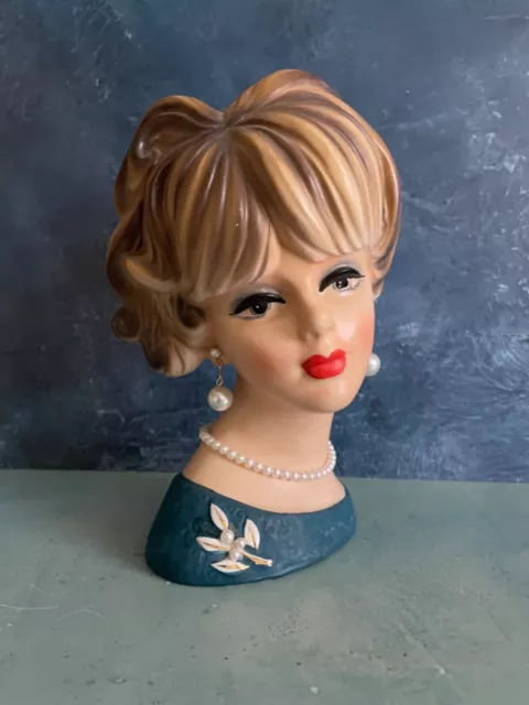 Vintage Lady Head Vase Napco Dark Blonde In Blue 7.5”