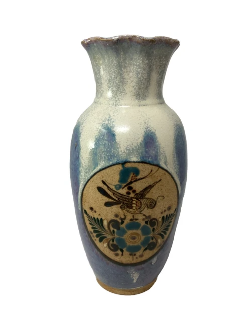 Mexican Pottery Blue Purple Cream Speckled Drip Vase Bird 11” Signed