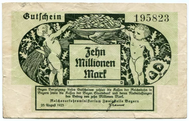 REICHSBANKNOTE-Gutschein-INFLATION-10Mio.Mark- DEUTSCHE REICHSBAHN BAYERN- 1923