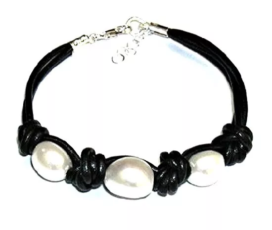 Bracelet Cuir Noir Nœuds 3 Perles Cultivées Et Argent De Loi