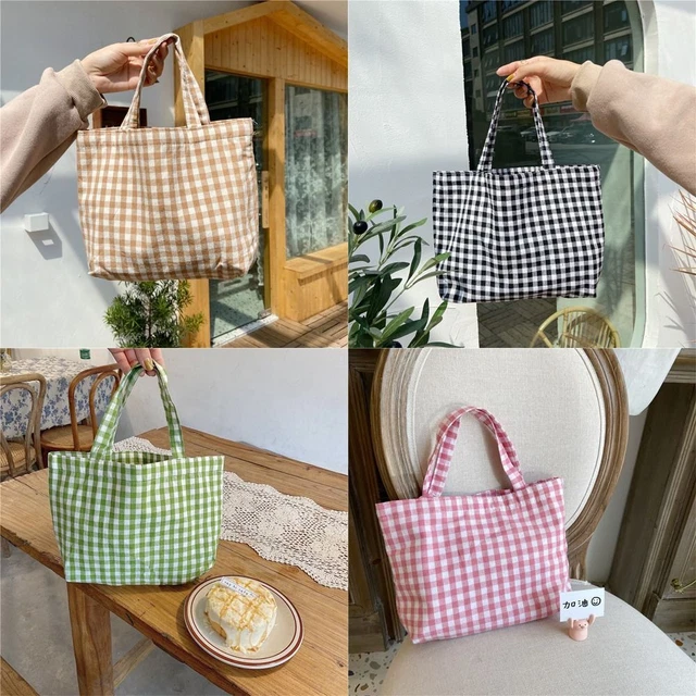 Japanese Style Lunch Bag Cotton Plaid Handbag Picnic Food Bag  Picnic