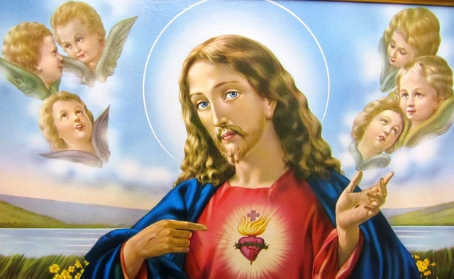 Tableau Déco Religieux Jésus-Christ Cœur Baroque 56x46 Cm - Reproduction Signée, Cadre Style Bois, Neuf