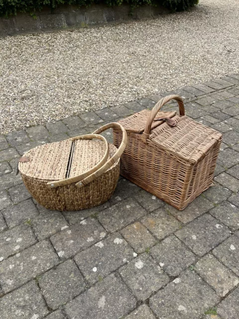 VINTAGE WICKER PICNIC/SHOPPING/SEWING Baskets With Two Lids x 2 $25.49 ...