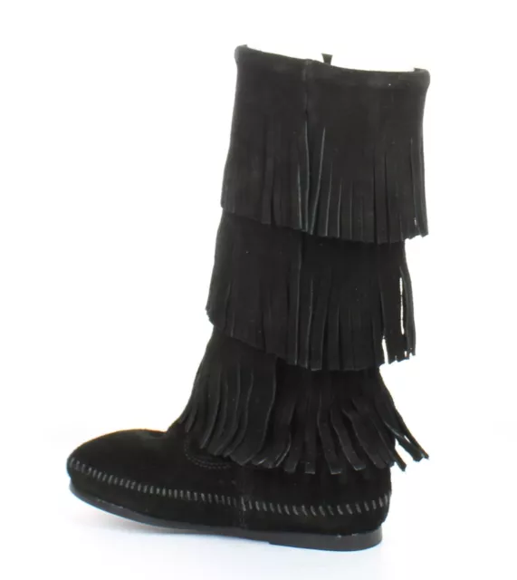 Minnetonka Womens 3 Layer Fringe Black Moccasin Boots Size 6 3