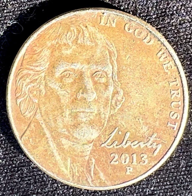 2013-P Jefferson Nickel Error Missing Reverse/Obverse Clad Layer - DIE CRACKS!