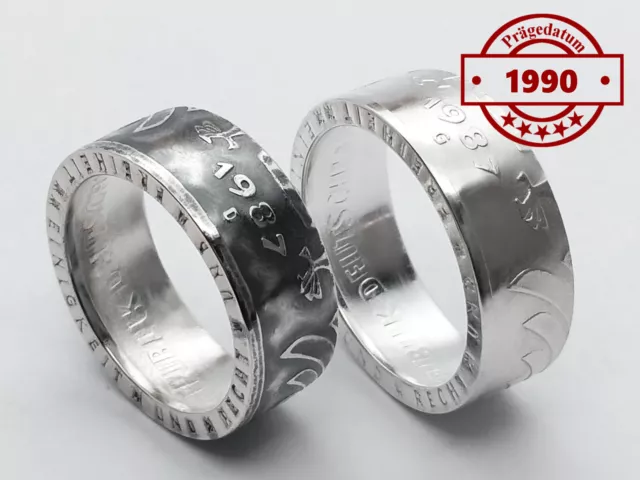 Münzring • 1990 • BRD 5 Mark mit Datum Kursmünze galvanisch versilbert Ring