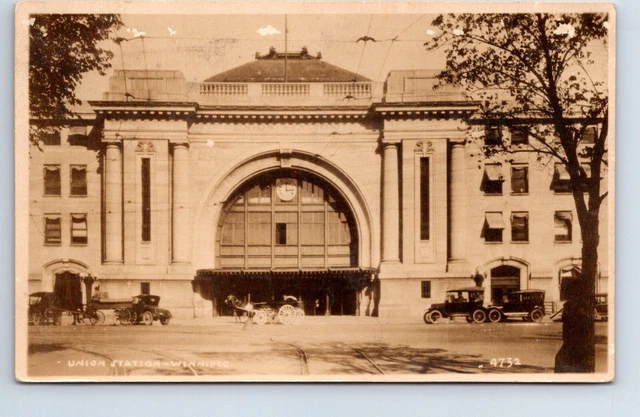 RPPC Real Photo Postcard Canada Winnipeg Union railroad station Posted 1929