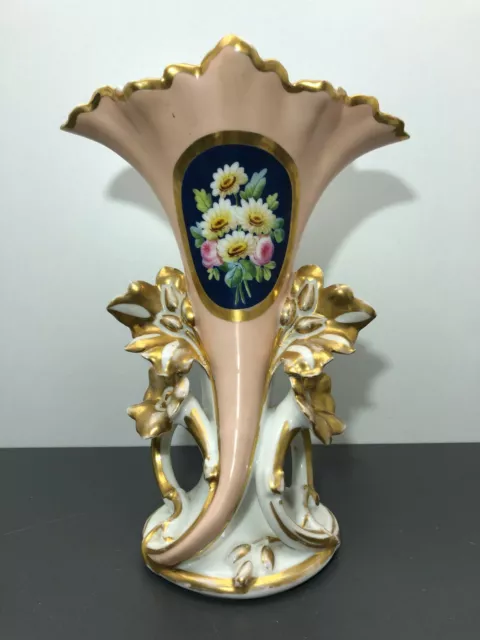 Grand Vase Cornet de Mariée en porcelaine de paris décor Floral et Or