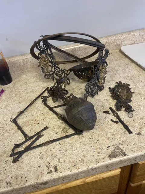 Black Cast Iron Ornate Fancy Vintage Hanging Oil Lamp Unique Light *parts repair