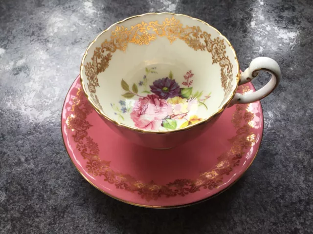 Vintage Aynsley Cup & Saucer Pink White & Gold Gilding Flowers Inside