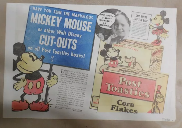 Post Cereal Ad: Walt Disney Mickey Mouse Cut-Outs ! 1934 Size: 11 x 15 inches